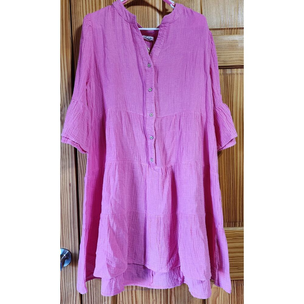 New In Pink Tiered Dress Button Front Bell Sleeve Women’s 1X NWT
